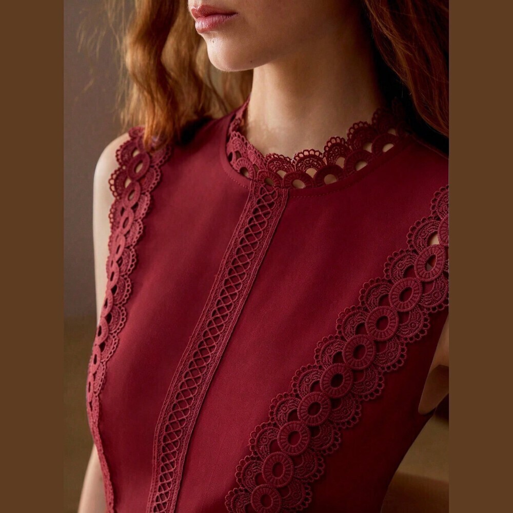 Burgundy Lace Trim Sleeveless Maxi Dress with Stand Collar - Picture 5 of 6